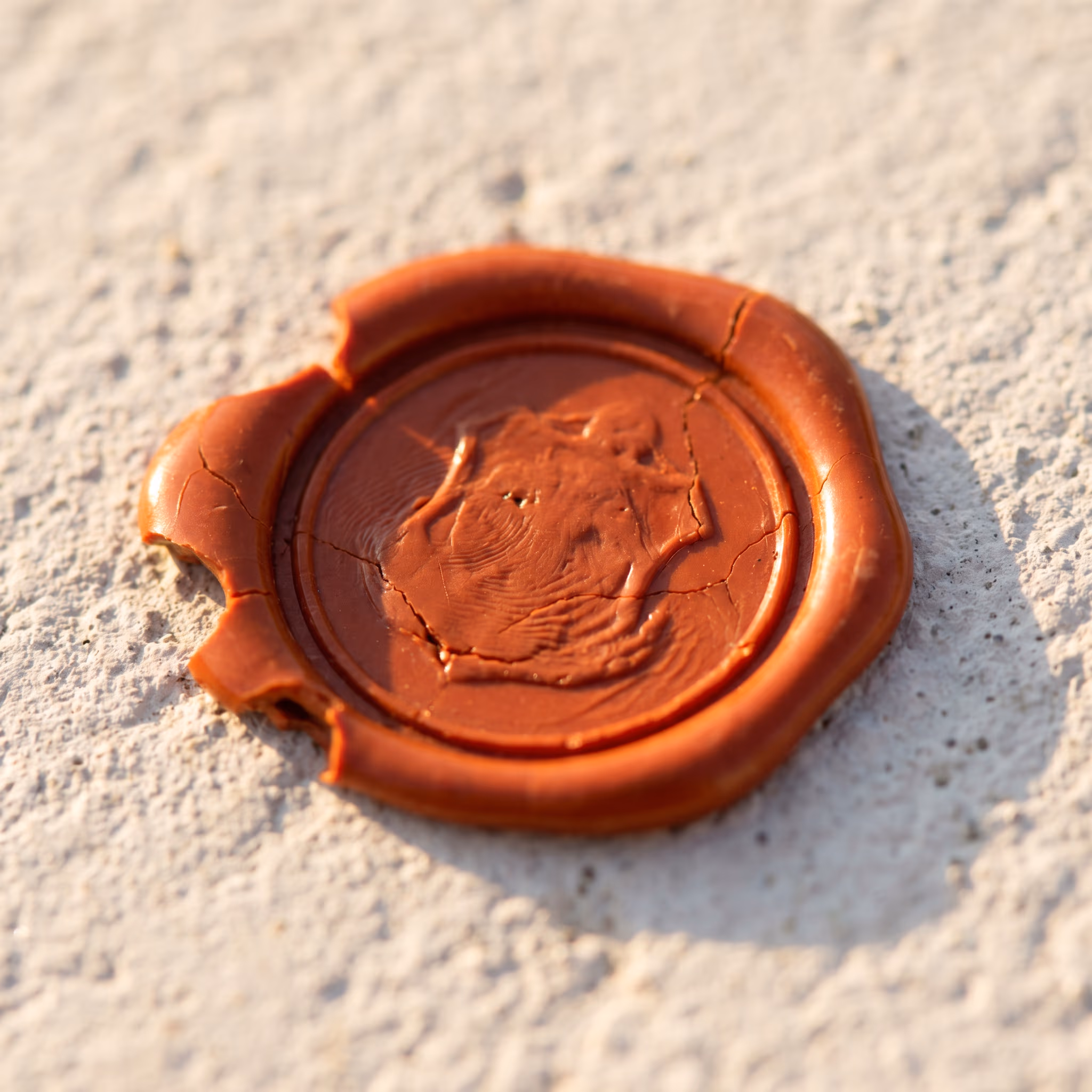 A terracotta wax seal pressed onto bone-white porcelain — the signature.