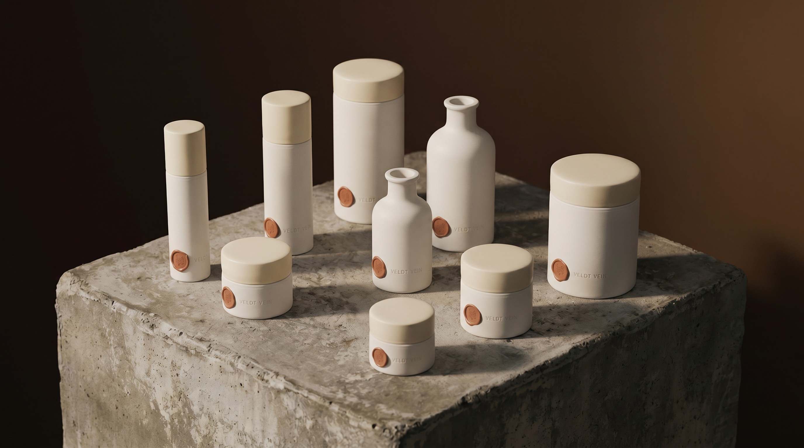 Nine Veldt & Vein porcelain capsules arranged on a concrete surface — the complete range.