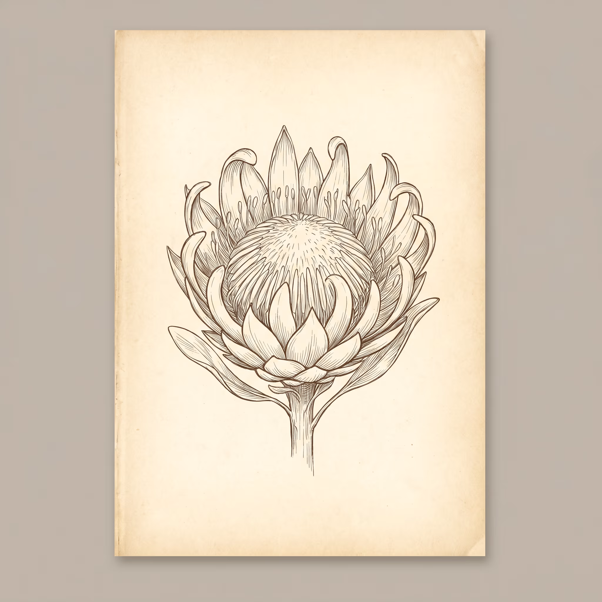 Botanical illustration of king protea — fynbos.