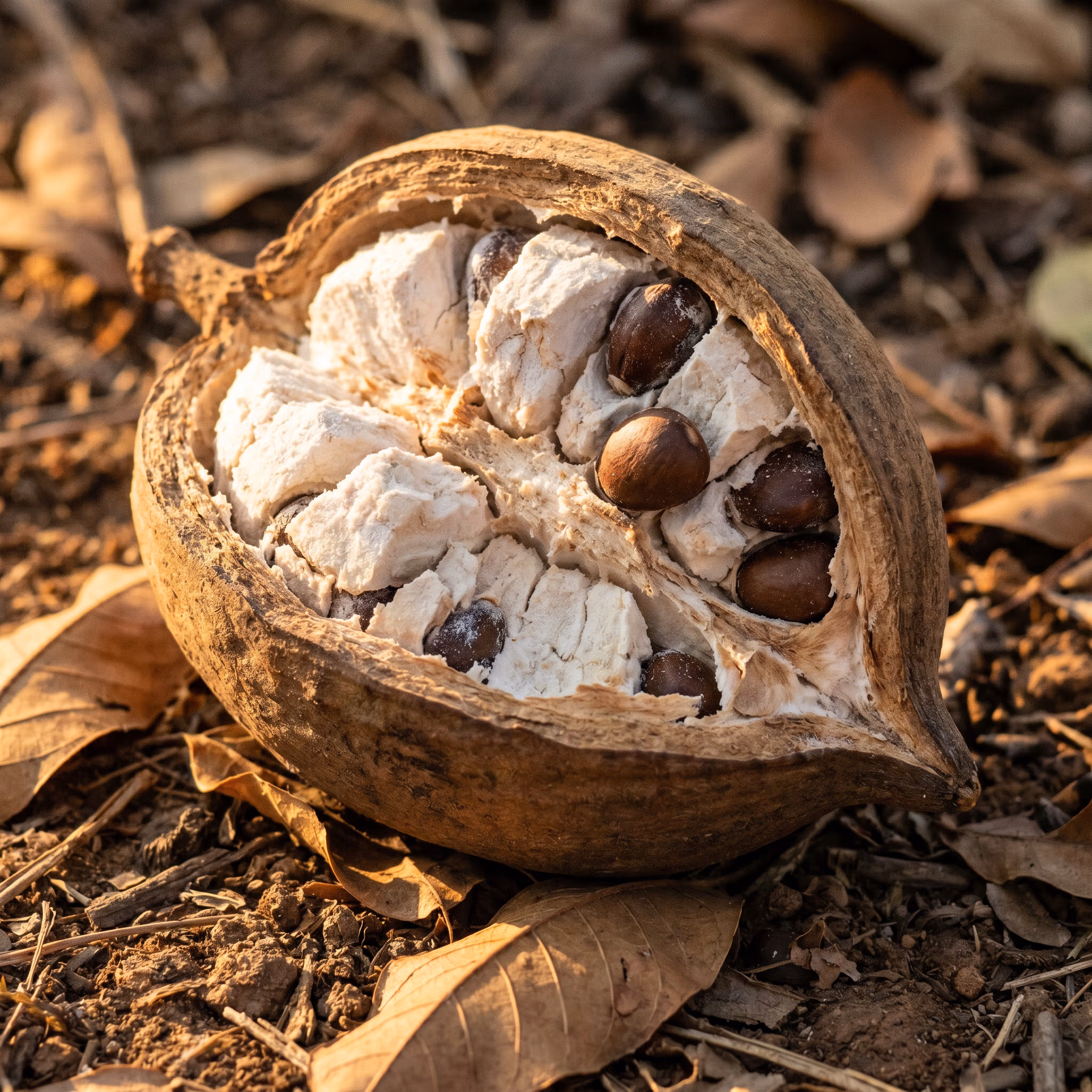 Baobab seed pod cracked open — powdery white pulp surrounding dark seeds.