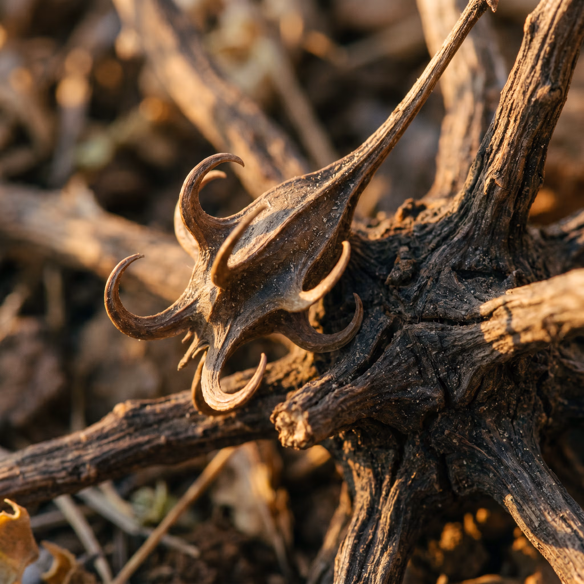 Devil's claw root — woody, hooked, photographed against a neutral ground.