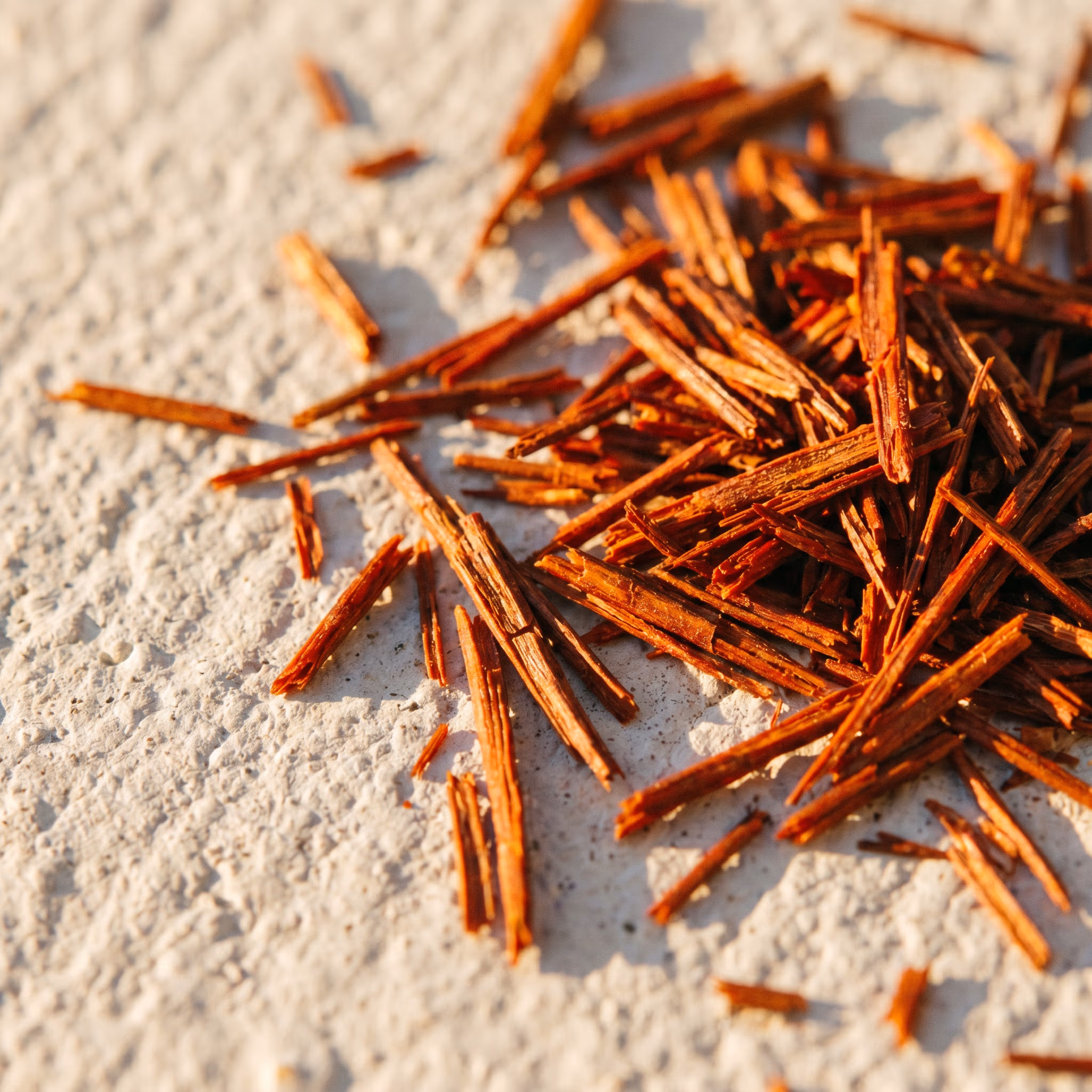 Rooibos needles in macro — fine red-brown filaments.