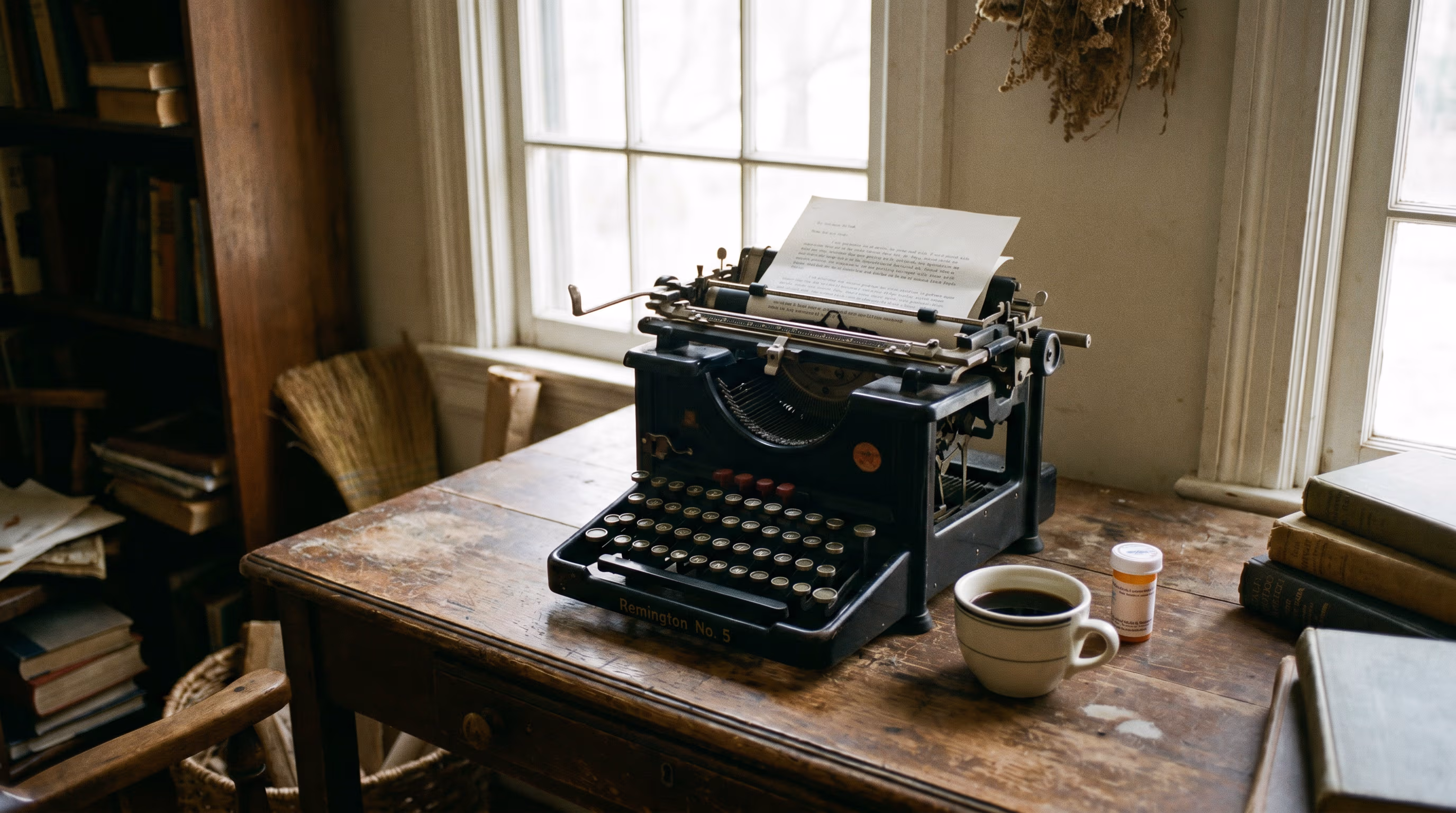 A typewriter on a wooden desk — the founder's letter in progress.