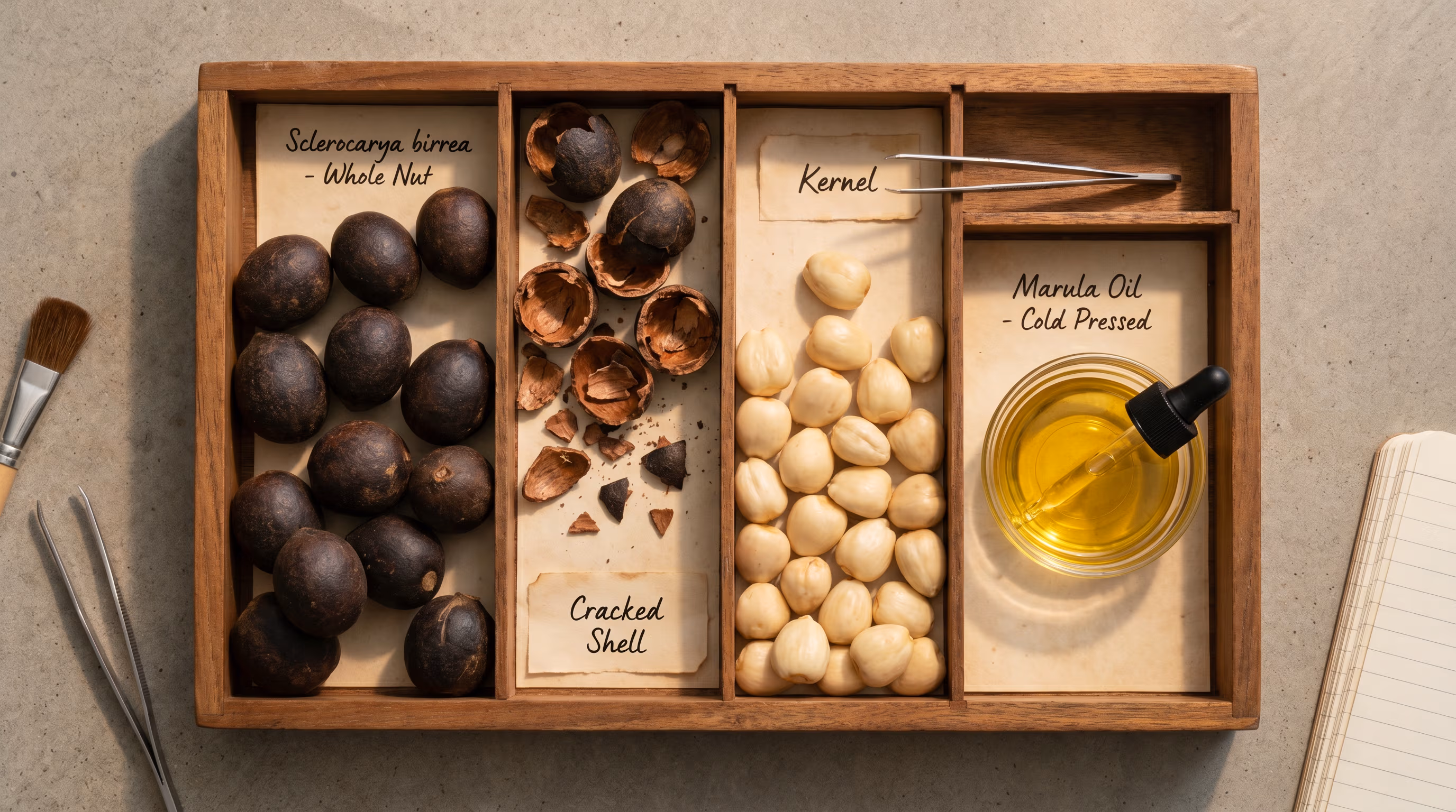 A wooden specimen tray with marula seeds, leaves, and a small notebook.