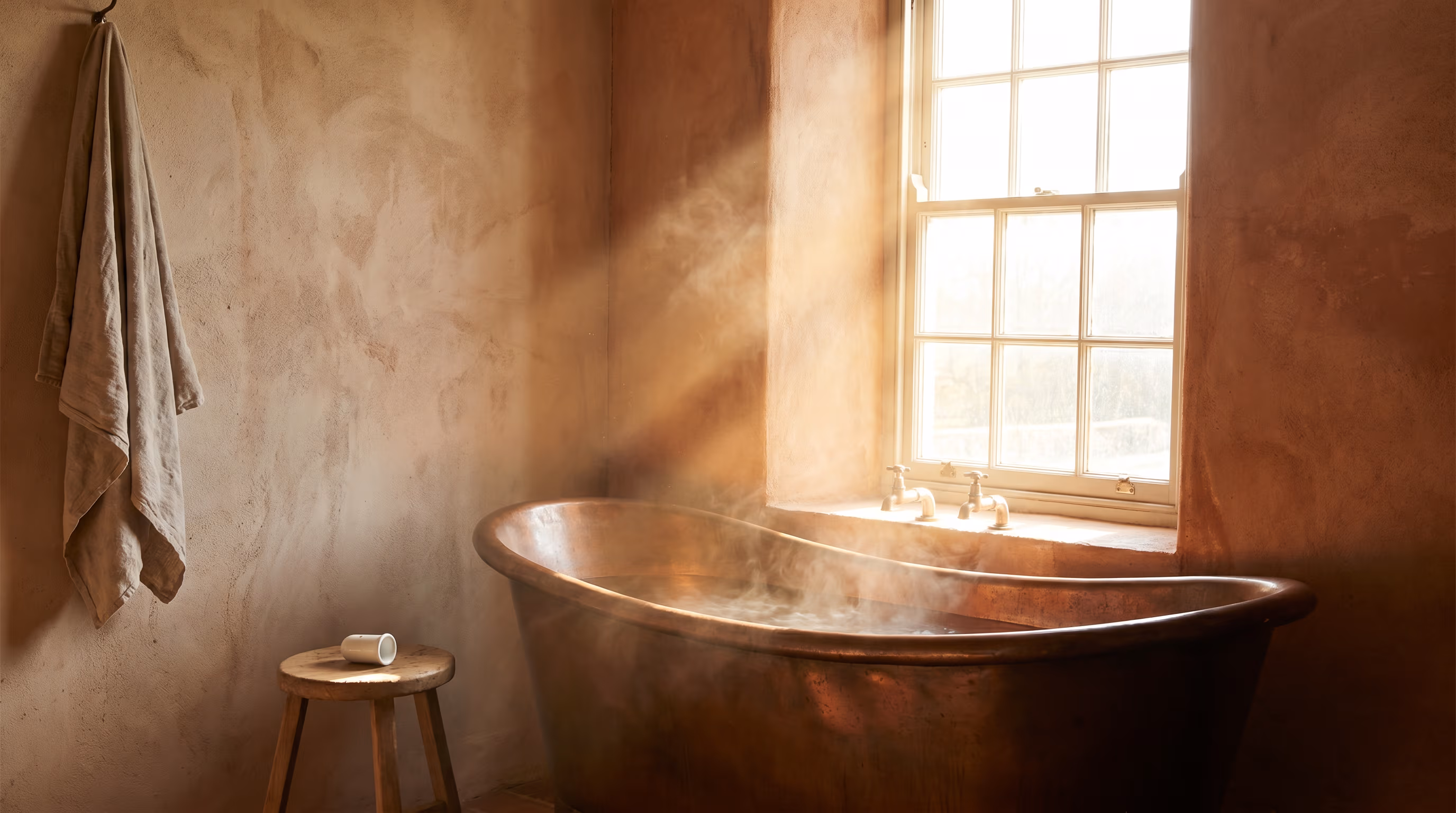 A copper bath tub catching the last light of evening.