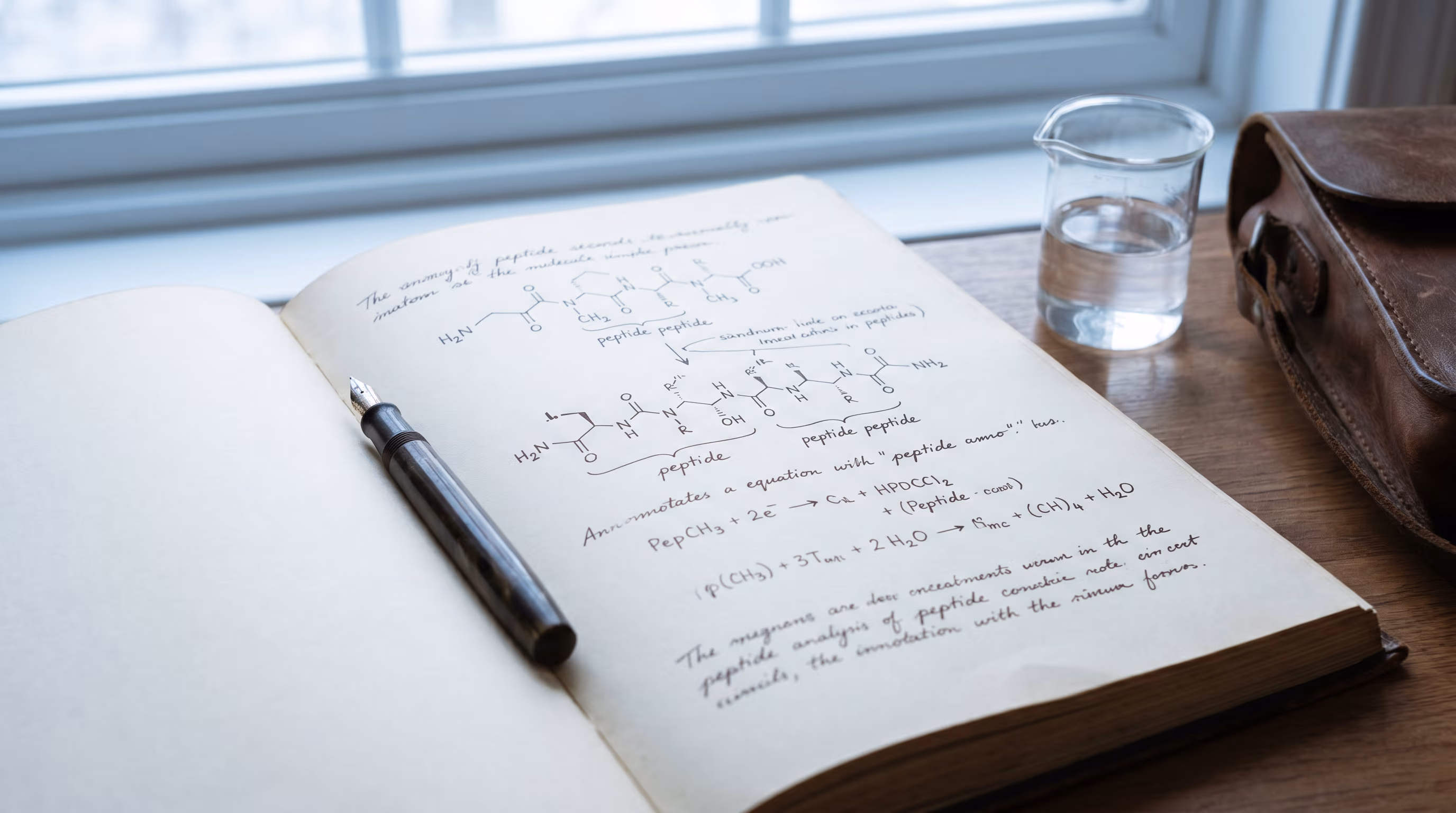 An open notebook with hand-drawn molecular diagrams of peptides.