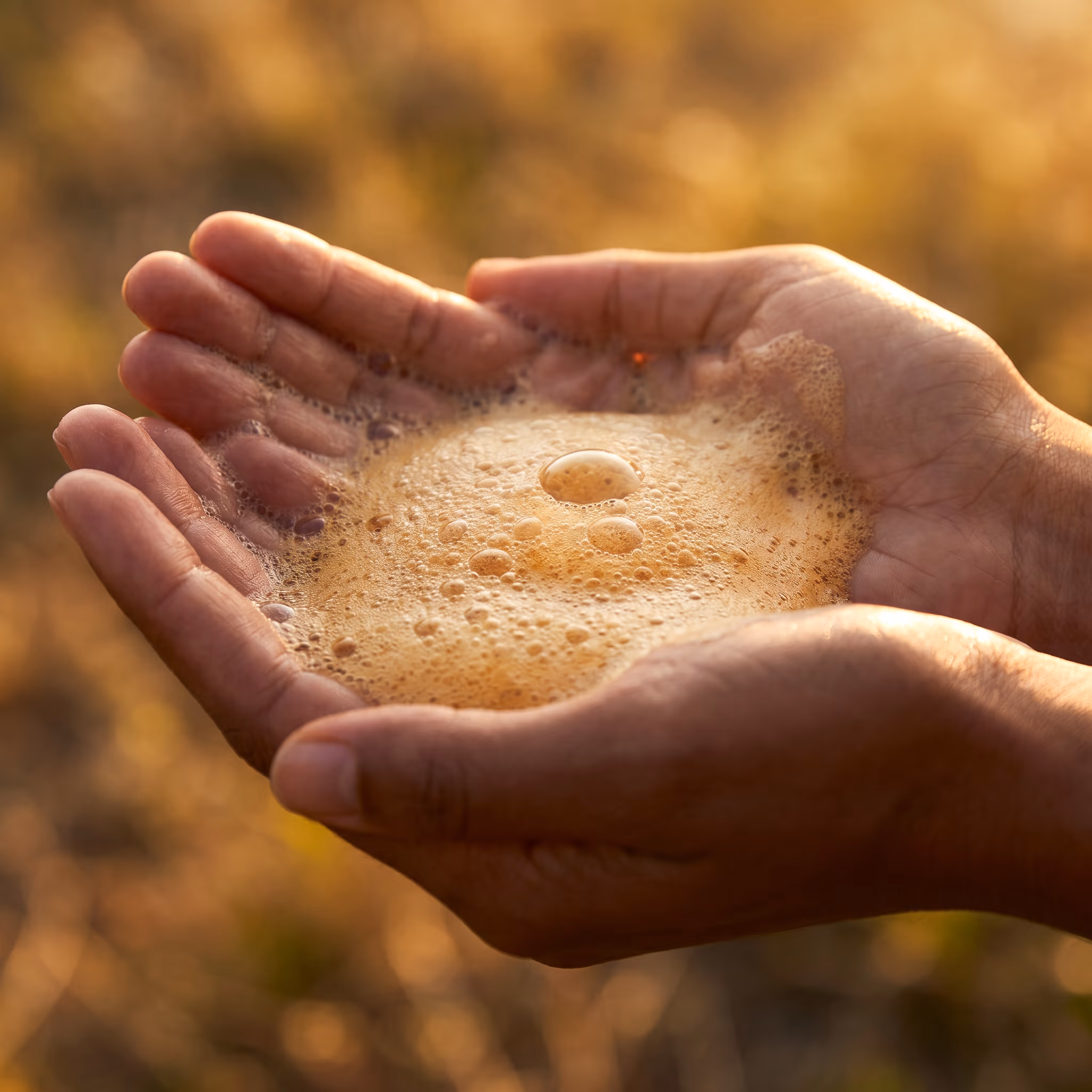 Soft pale foam cradled in cupped hands, gentle and low-density.