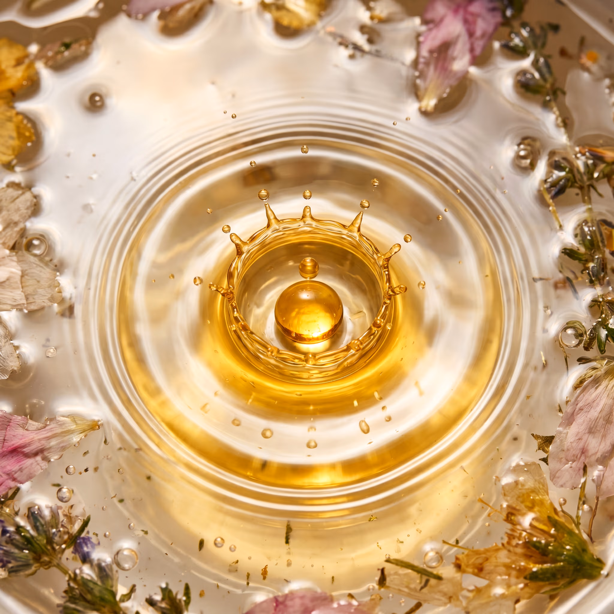 A single drop of golden bath oil bursting on the surface of warm bathwater.