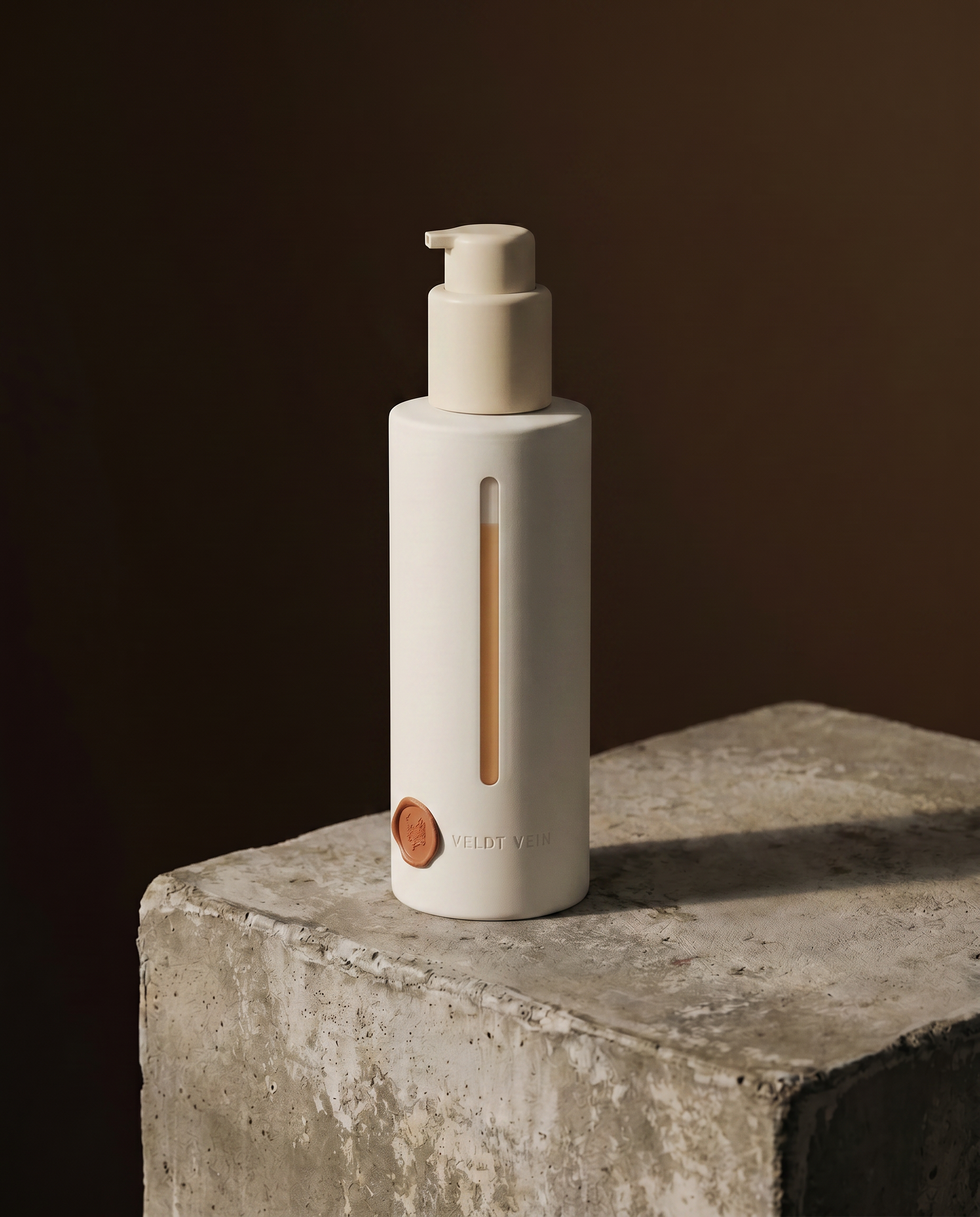 The Rooibos & Glucoside Microbiome Body Wash — frosted glass cylinder with beechwood collar and pump dispenser.