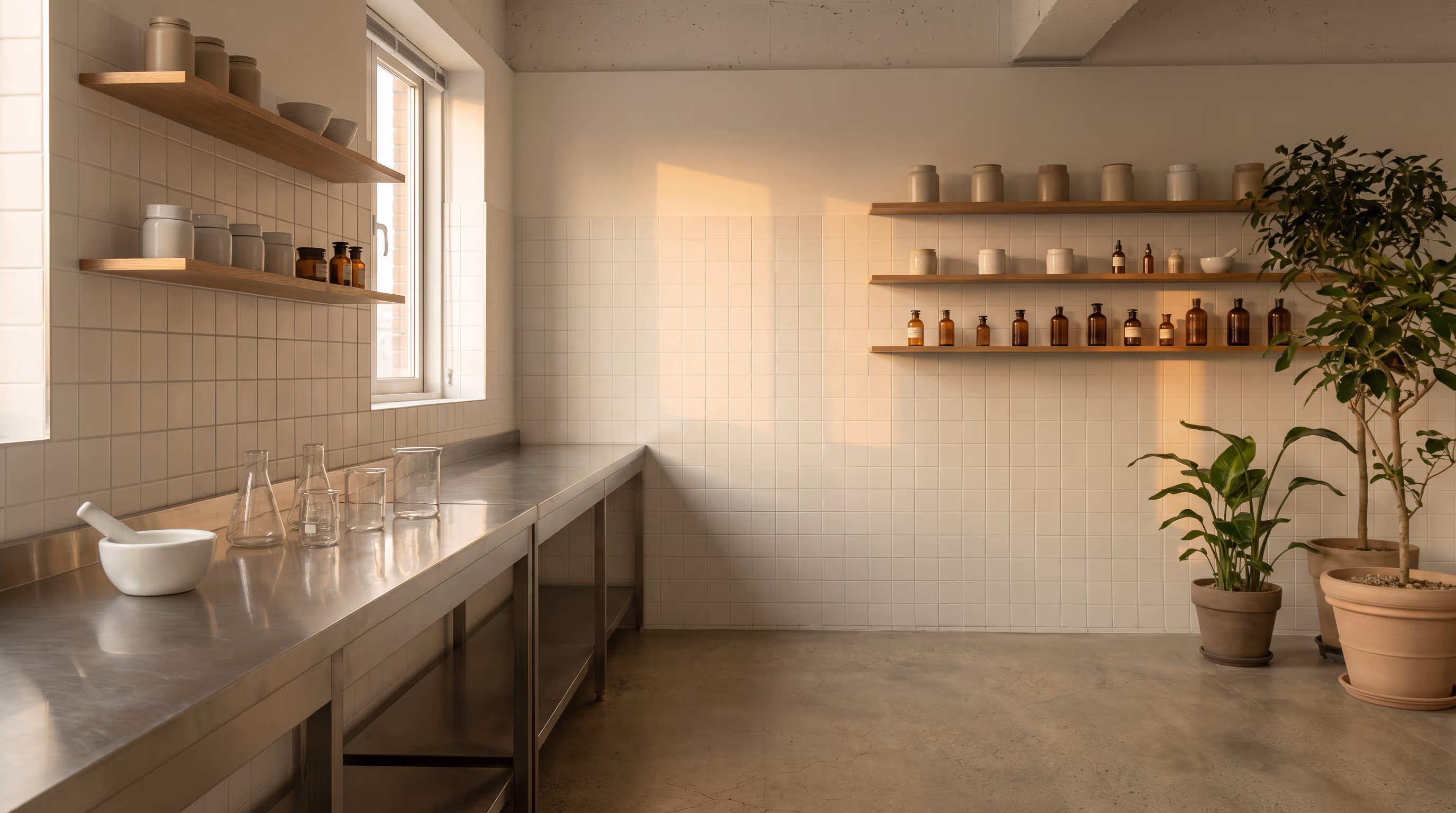 A Korean apothecary laboratory — ingredient jars arranged with precision, the formulation environment where every Veldt & Vein product is developed.